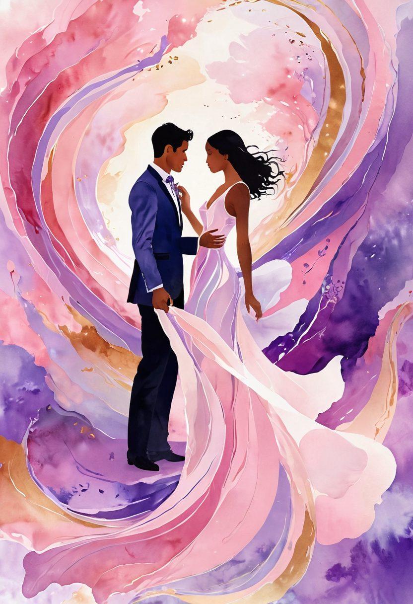 A captivating, sensual scene featuring an elegant, abstract representation of pleasure depicted through swirling colors and soft shapes. Incorporate floating petals and gentle, glowing light to evoke warmth and intimacy. Add silhouettes of diverse individuals exploring connection and joy, enveloped in soft, ethereal textures. The background should transition gently between hues of pink, lavender, and gold for a dreamy effect. vibrant colors. abstract art.
