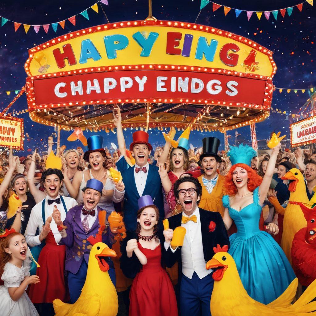A whimsical scene depicting a vibrant carnival atmosphere with playful adults laughing and enjoying humor-filled performances. Include characters dressed in colorful, exaggerated costumes, holding oversized props like rubber chickens and playful signs, surrounded by twinkling fairy lights and confetti. In the background, a large marquee sign reads 'Happy Endings' in playful, bold letters, inviting onlookers to join the fun. The overall feel is joyful and cheeky, inviting laughter and celebration. cartoon style. vibrant colors. festive atmosphere.